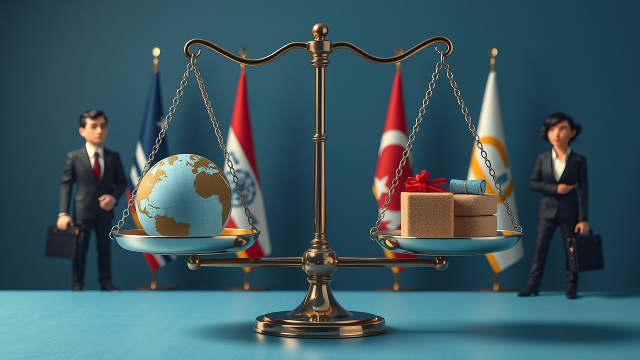 animated balance scale weighing benefits and criticisms of free trade, global debate among officials on foreign trade policy benefits