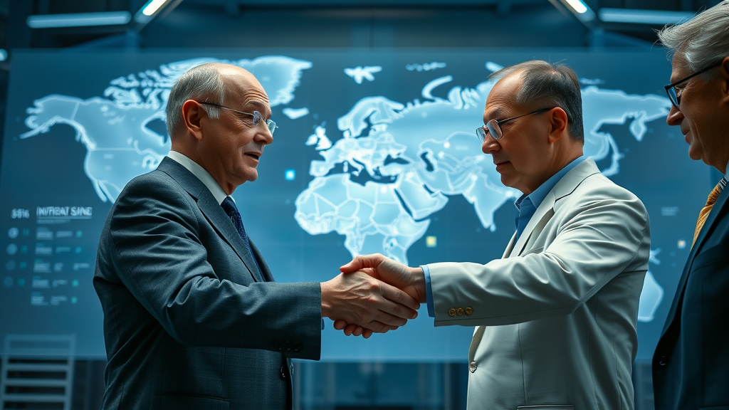 Global leaders negotiating international trade tariff policy, futuristic world trade map, highlighted trade routes