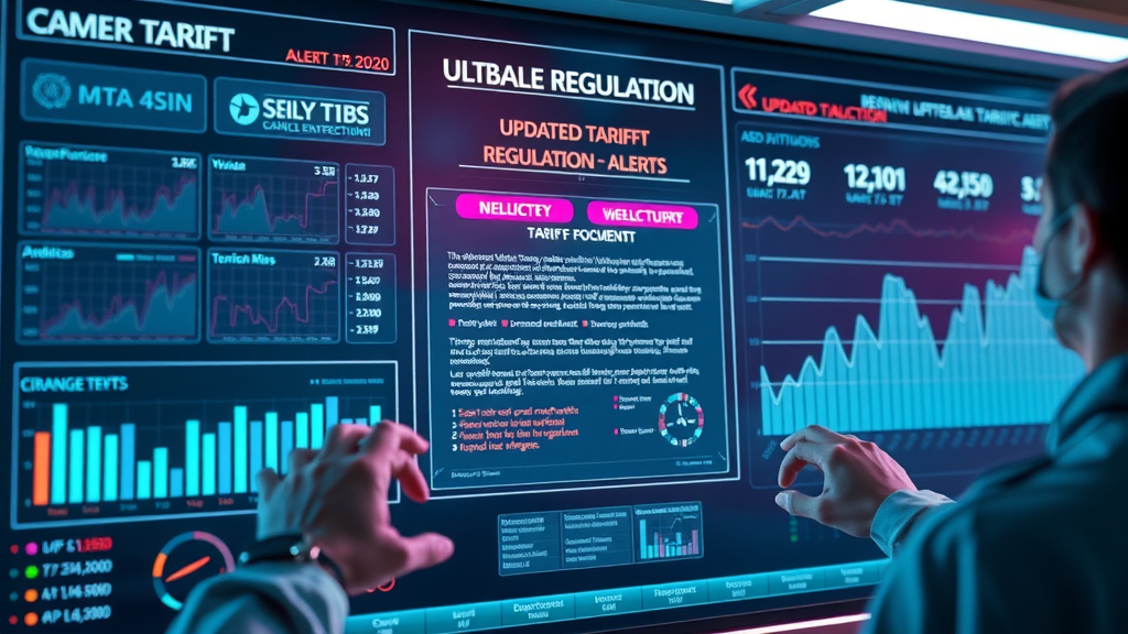 Modern digital dashboard for tracking tariff regulation updates, United States supply chain compliance and executive orders.