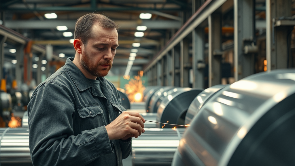 steel and aluminum plant workers inspecting coils, main keyword: steel and aluminum tariffs