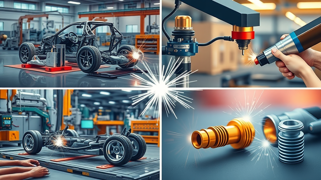 collage showing automobile chassis, aerospace titanium parts, micro-welding electronics, and medical implant laser assembly in diverse manufacturing environments