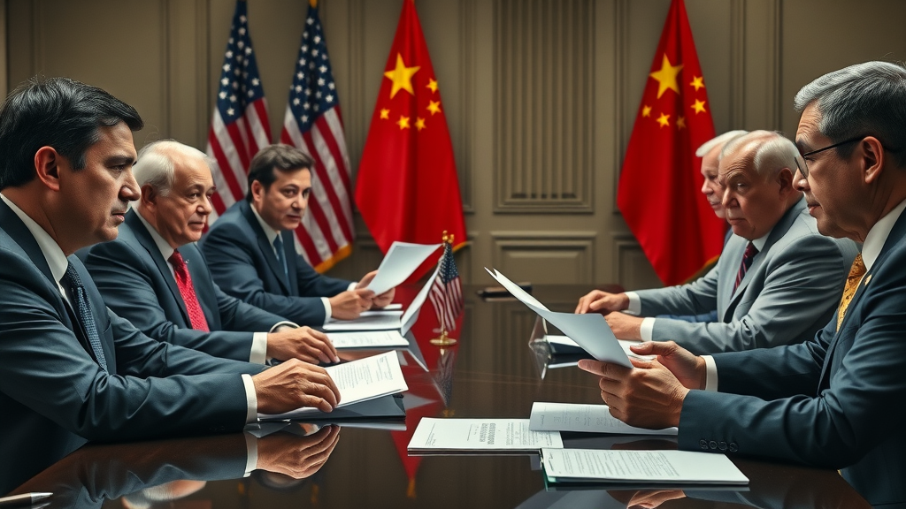 Policymakers negotiating tariff policy with US and China flags, highlighting trade war impact