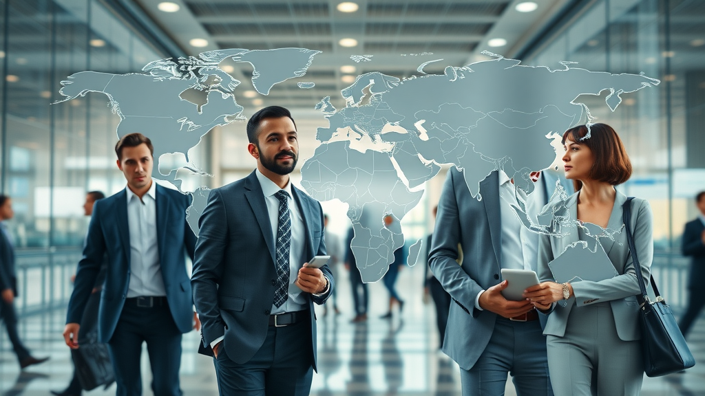 dynamic world map overlay with interconnecting trade routes, foreign trade policy in global markets, business professionals from multiple cultures discussing strategy in a modern office environment with digital financial displays