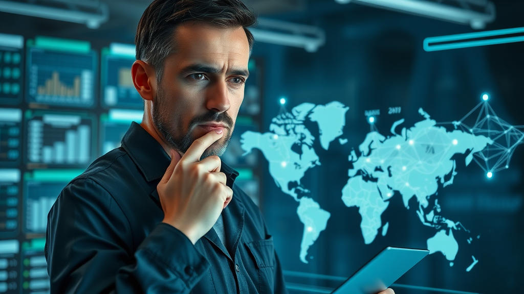 Logistics manager strategizing with digital supply chain map, glowing supply routes, global business environment