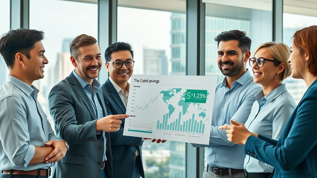 multinational professional team strategizing border payment savings and cost reduction methods on global payments charts