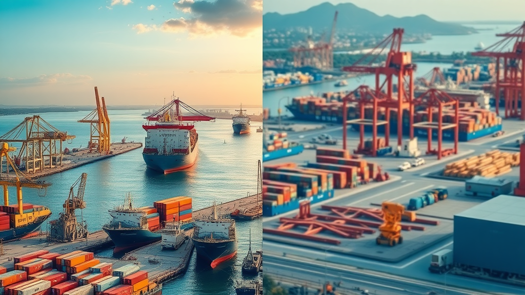 contrasted image of modern US foreign trade zone and busy Asian SEZ highlighting international trade and magnet site activity