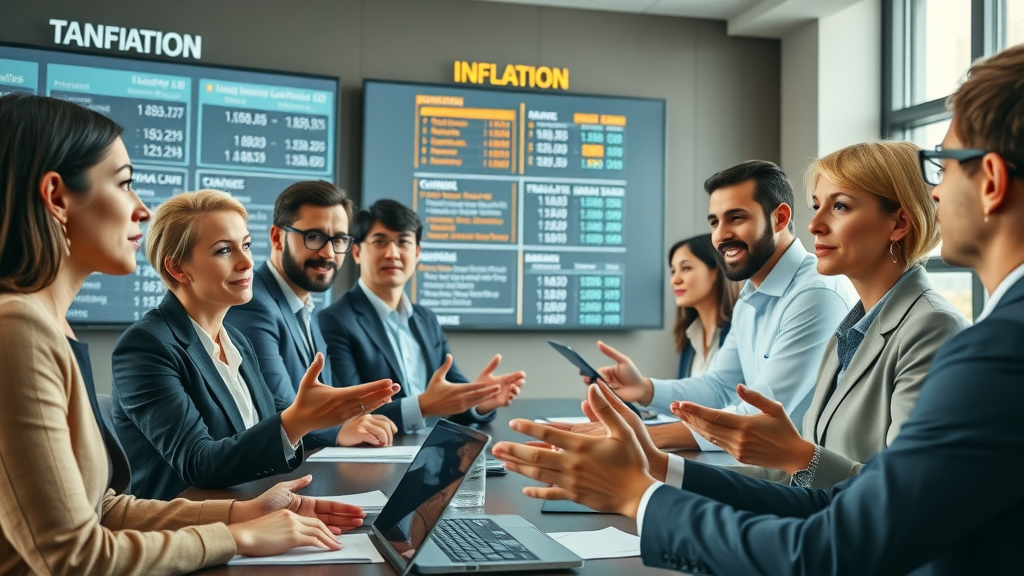 Business professionals discussing tariff rates and inflation definitions with digital boards, United States focus