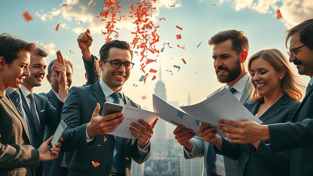 Trade war tariffs impact: global businesspeople reviewing market charts, some celebrating, others frustrated