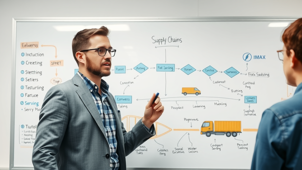 Supply chain manager brainstorming supply solutions on whiteboard with logistics flowchart