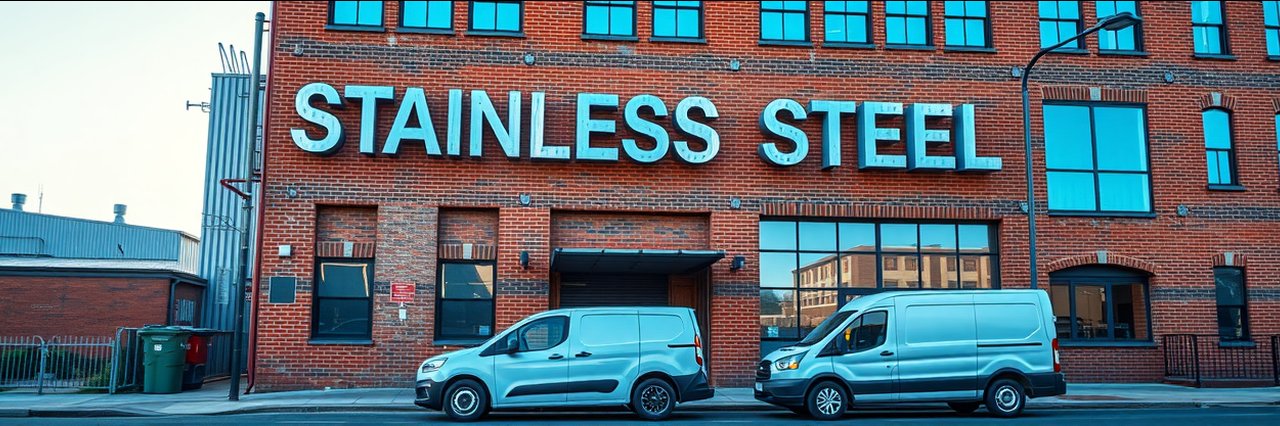 Industrial building for pv ribbon manufacturing with stainless steel sign and parked vehicles
