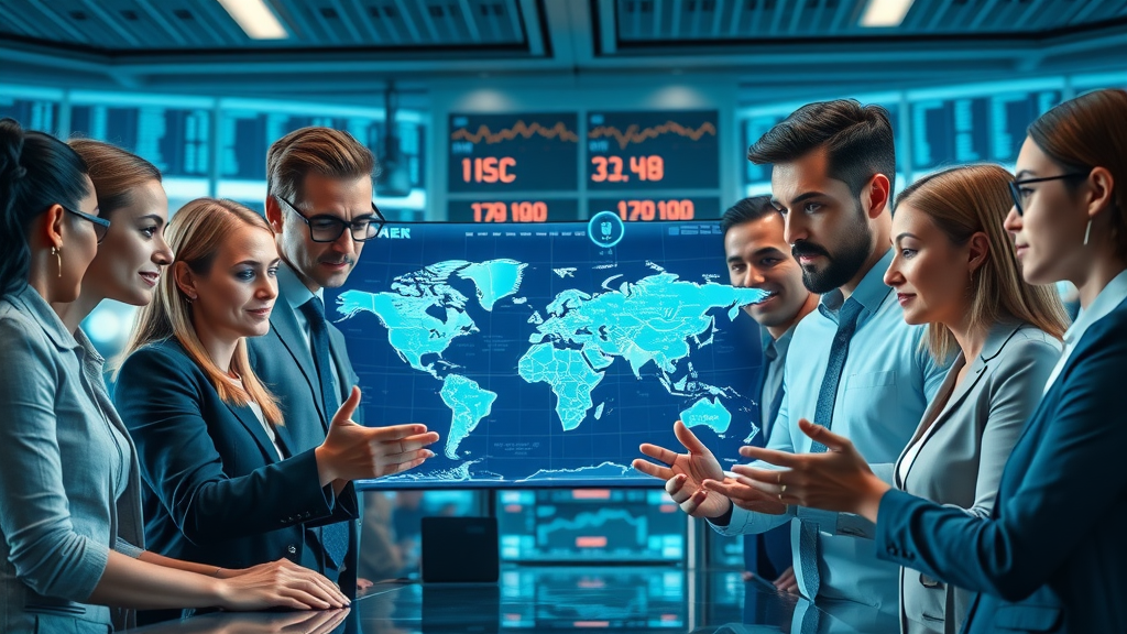 goods and services diverse group business professionals analyzing world map digital overlays