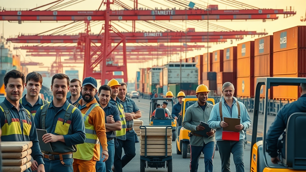 export loading dock busy with workers, global trade, shipments of goods, foreign trade policy promoting exports, seaport with containers, moving forklifts at golden hour