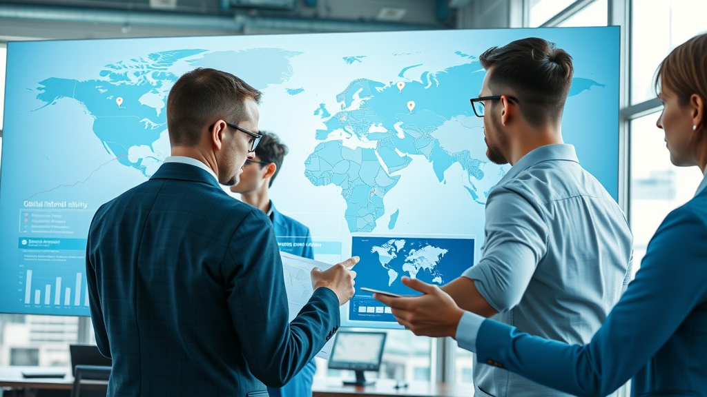 Global mineral supply chain infographic showing engaged professionals analyzing mineral tariff data in a modern office, supply chain, critical mineral supply