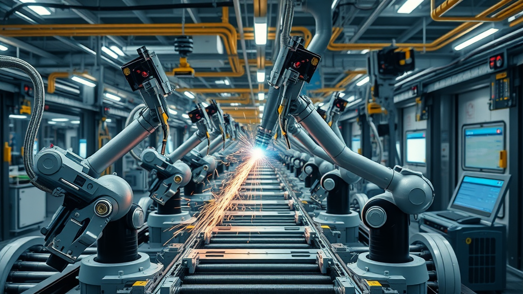 automated manufacturing assembly line with robotic laser welding arms at work, illustrating increased welding speed and superior weld quality in a high-tech facility