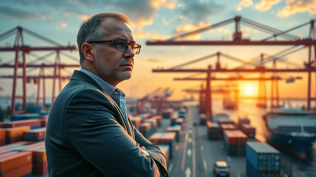 Import tariffs strategy at sunrise with business leader observing cargo shipping port