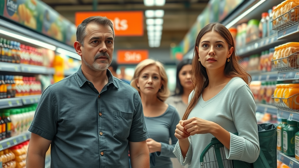 American family reacting to rising prices at grocery store due to tariffs and inflation