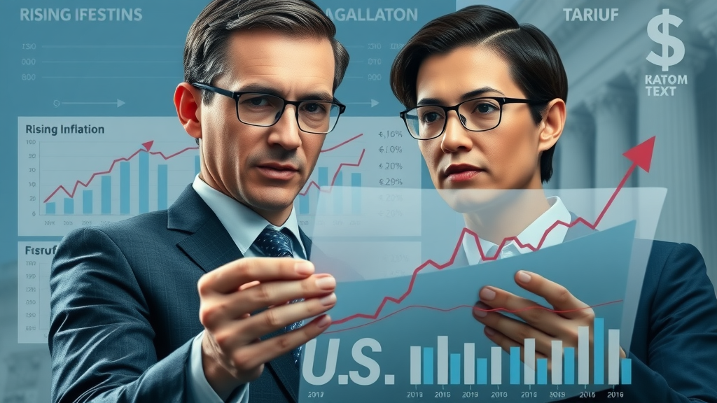 Infographic showing rising inflation and tariff rates in the United States, with arrows and charts, blue/gray palette, Wall Street background, photorealistic style