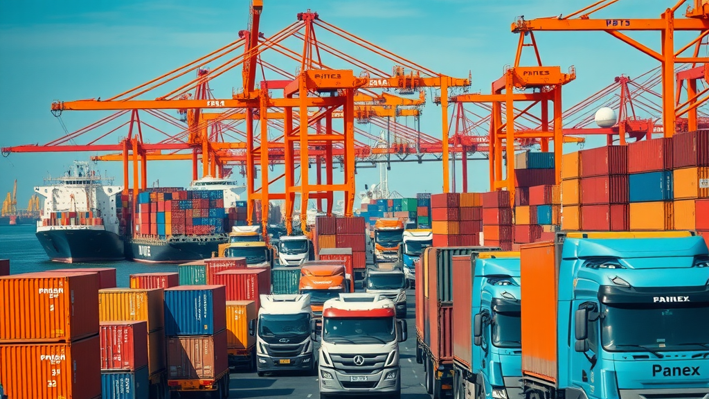 busy global shipping port with cargo containers being moved, photorealistic import export scene showing international trade and import tariffs application