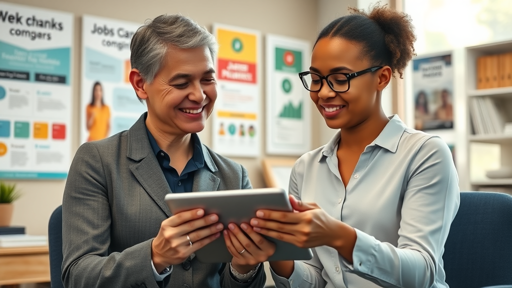 Career counselor guides job seeker using digital workforce development resources