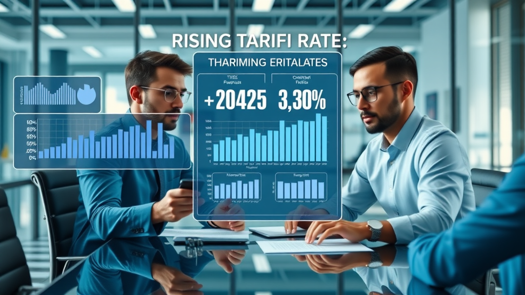 Dynamic infographic showing rising tariff rate statistics and impact on U.S. supply chain with business analysts