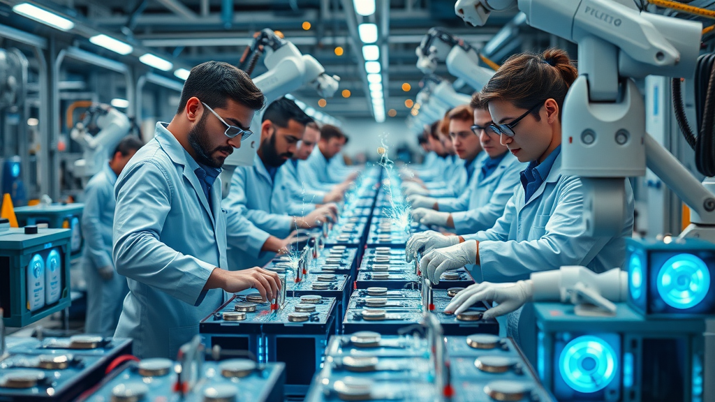 mineral tariff impact futuristic battery production line clean energy electric vehicle supply chain engineers glowing batteries