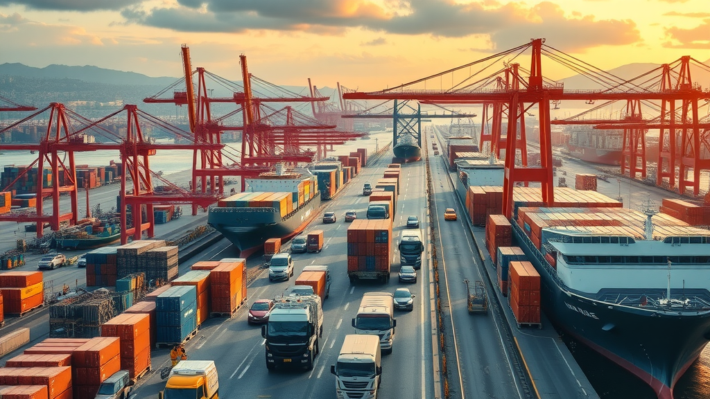 dynamic global shipping port bustling with international trade activity and logistics
