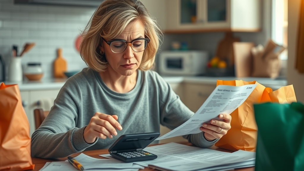 Woman budgeting with calculator and bills due to elevated goods prices in the U.S.