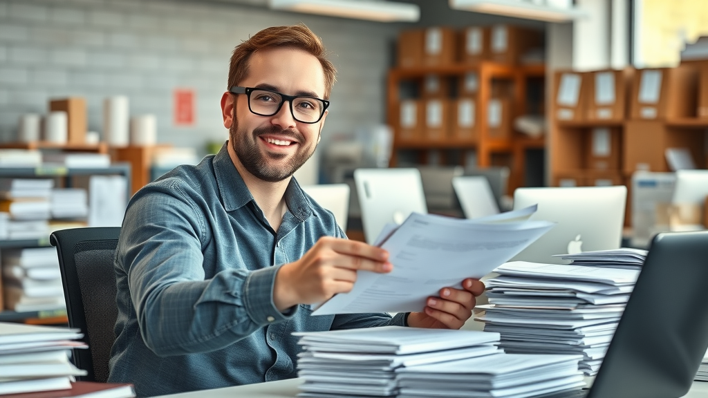 logistics manager sorting import and export paperwork for international shipping