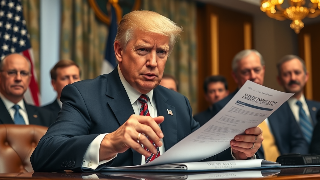 Political leader signing U.S. trade policy documents affecting tariffs and consumer prices