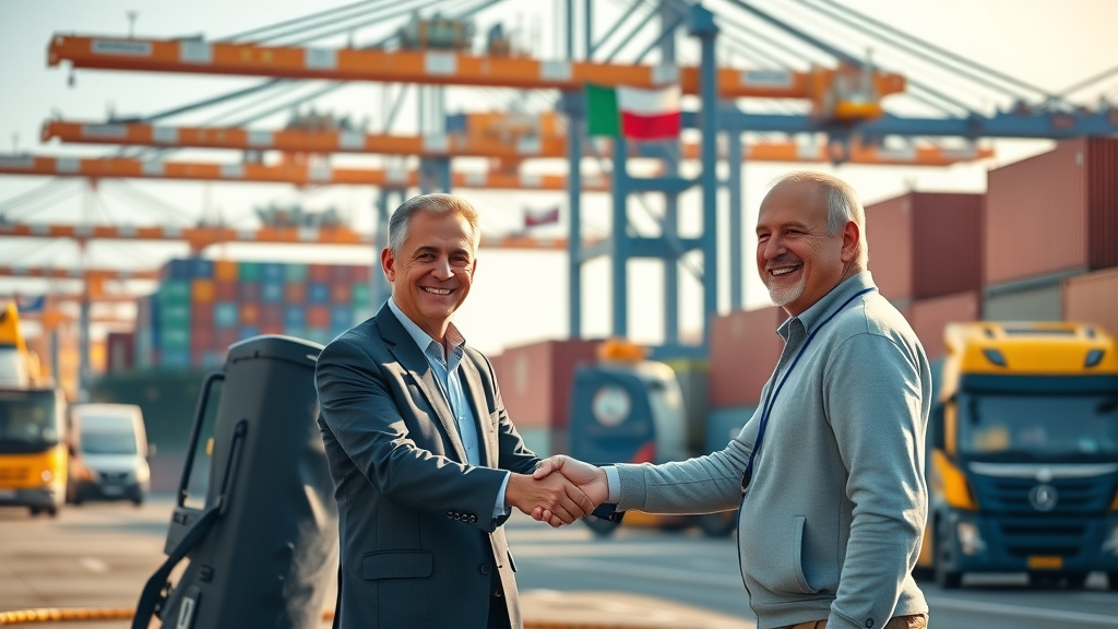 successful international business executives and logistics managers shaking hands near a dock with cross border logistics cargo, ships and trucks under bright morning light