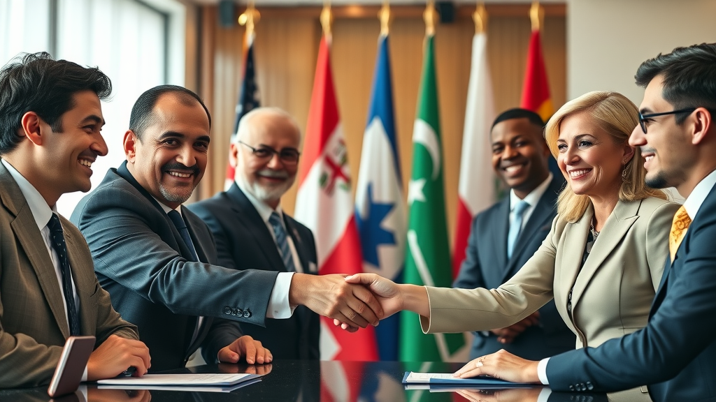 free trade business leaders signing agreement international flags conference