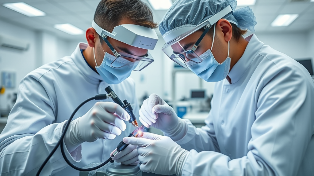 futuristic medical device manufacturing lab with technicians using laser welding machine for clean precision welds on stainless steel micro-components