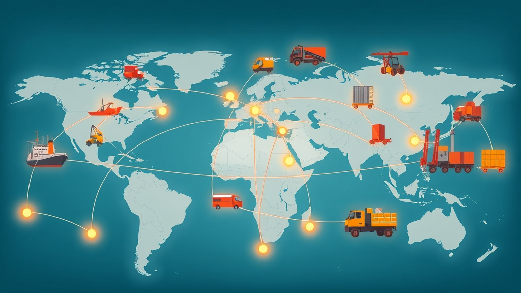 infographic illustrating a resilient global supply chain network interconnected across cities and factories