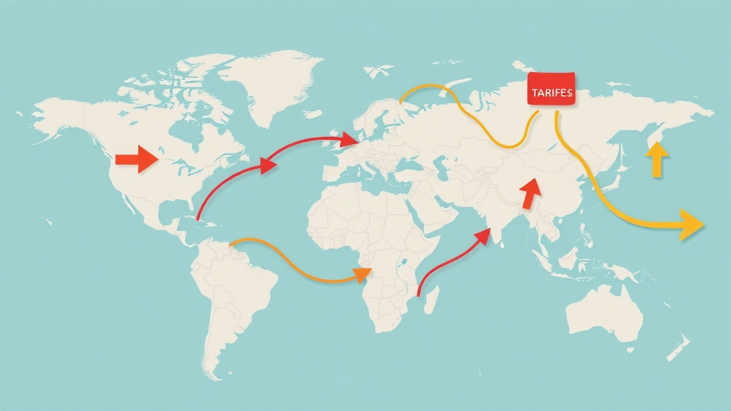 Global trade flow diagram illustrating tariff rate variations by region, helping visualize current global tariff trends.