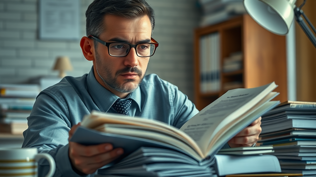 Focused customs broker candidate preparing for the broker exam, reviewing thick books and customs paperwork.