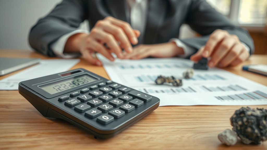 Calculator for mineral tariff expenses with mineral samples and documents for cost calculation