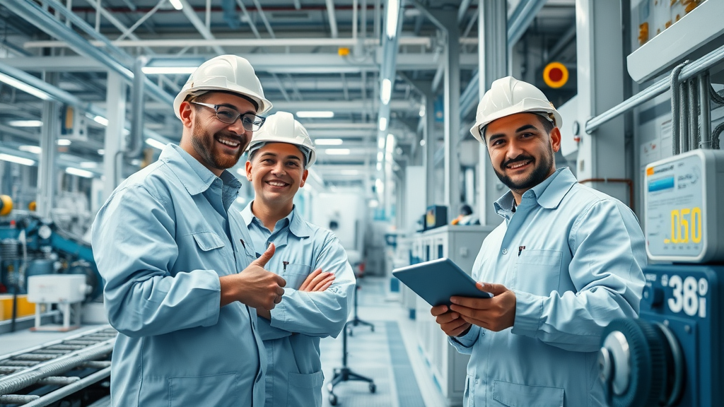 Engineers inspecting mineral processing equipment in innovative high-tech factory, developing domestic supply chains for rare earths under new mineral tariff policy