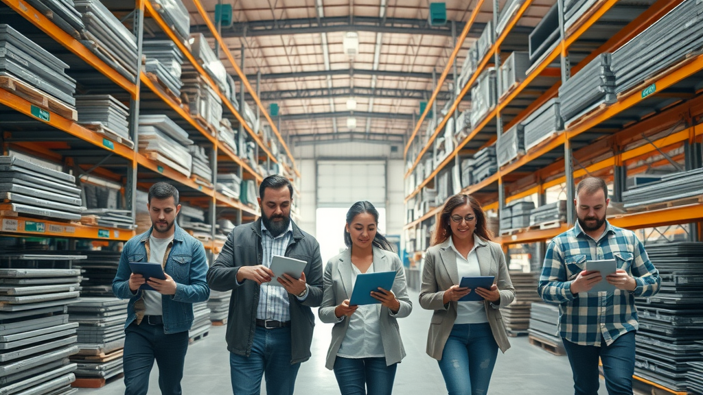 Modern online metal ordering warehouse with shelves of steel and digital devices