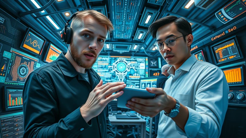 trade technology hub with experts analyzing AI and blockchain systems