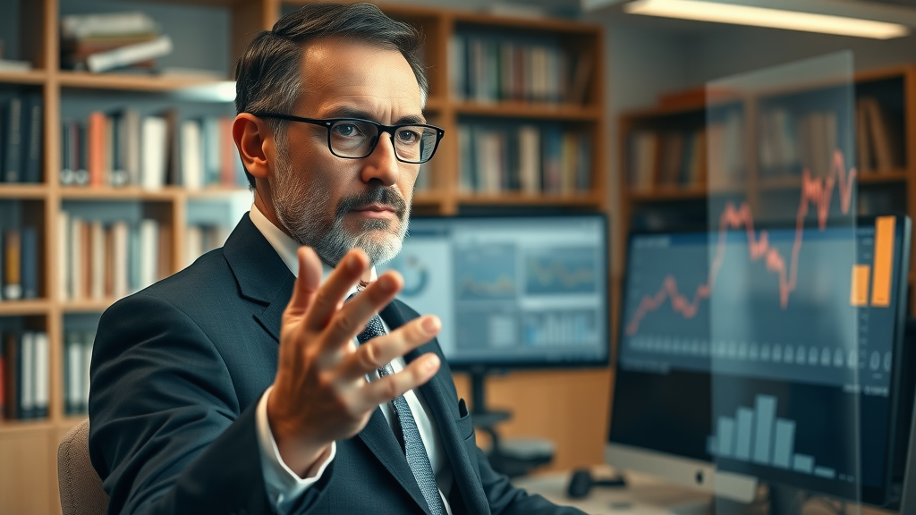 Economist analyzes economic effects of tariffs with rising and falling chart lines on a digital screen.