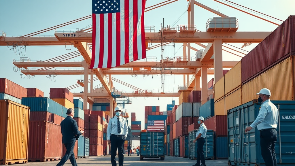 modern international shipping port undergoing customs and border protection inspection under US flag, showcasing compliance with customs regulations