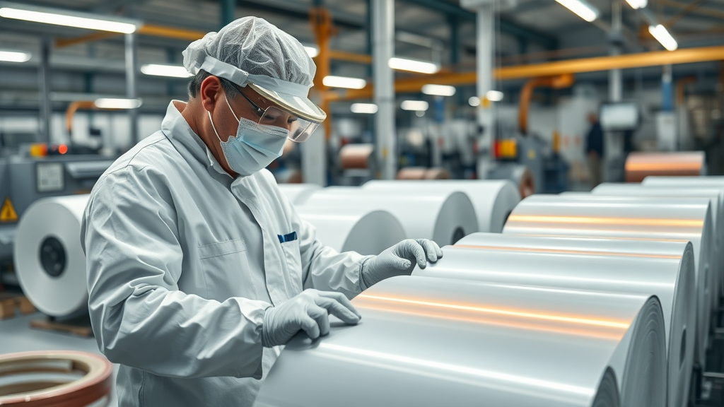 PV ribbon manufacturing technician inspects high-efficiency copper ribbons