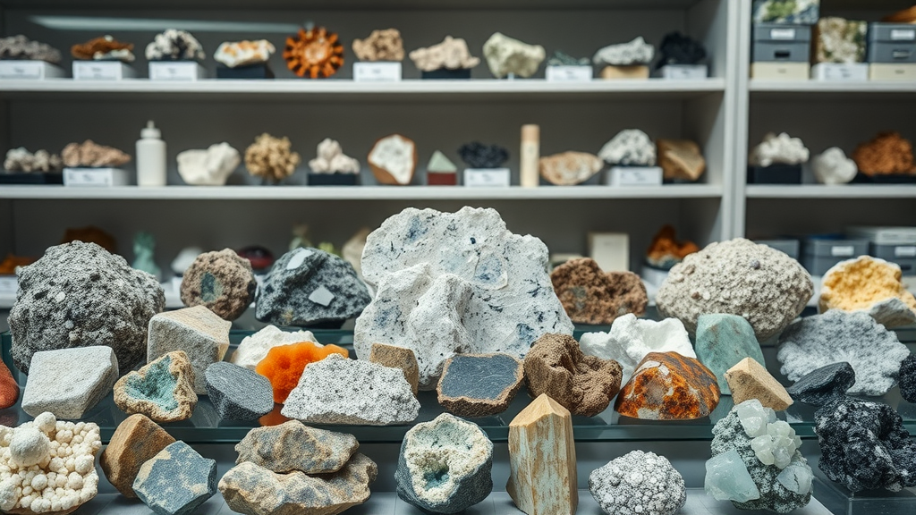 collection of diverse critical mineral samples in scientific display