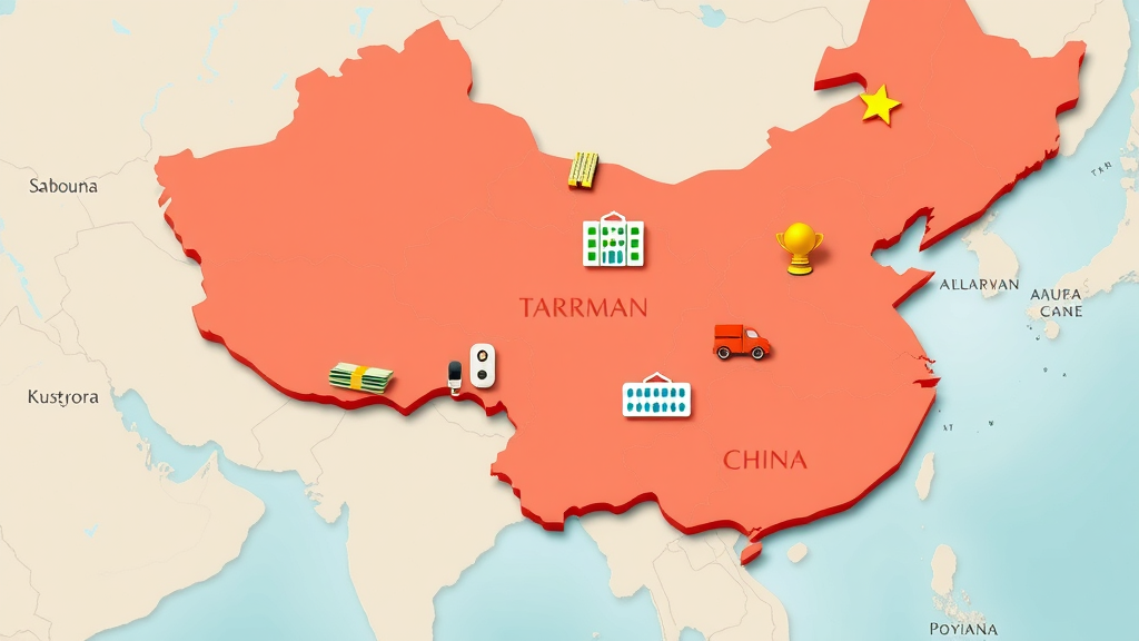 Map of China highlighting tariffed goods with icons for electronics and soybeans