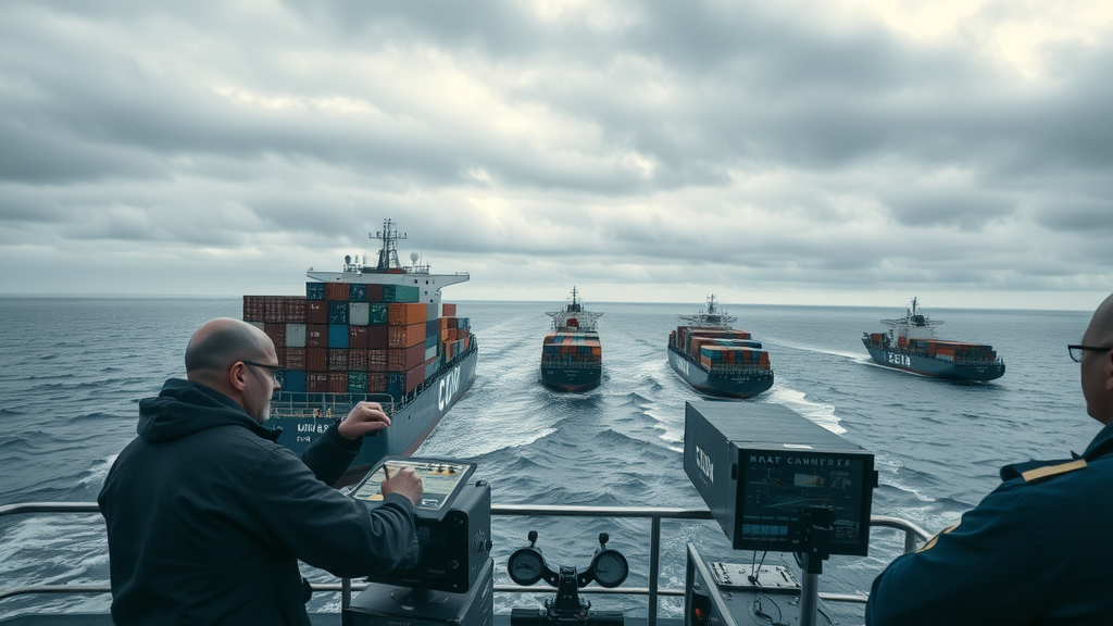 Cargo ships rerouting at sea due to tariffs and supply chain regulations.