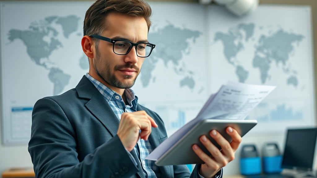 trade regulations compliance officer reviewing export documents in modern global trade office