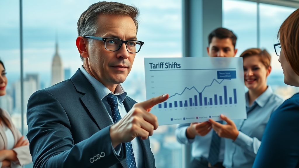 tariff rates economist pointing at data chart displaying tariff shifts trade policy updates