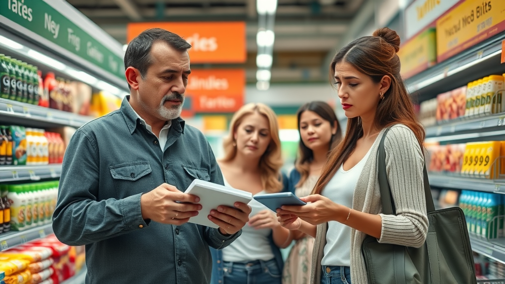 Concerned American family shopping at supermarket facing higher prices due to US tariffs