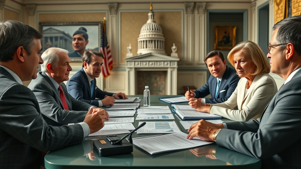 Policymakers and government advisors strategizing around tariff mitigation and inflation control, Capitol Hill backdrop, teamwork focus