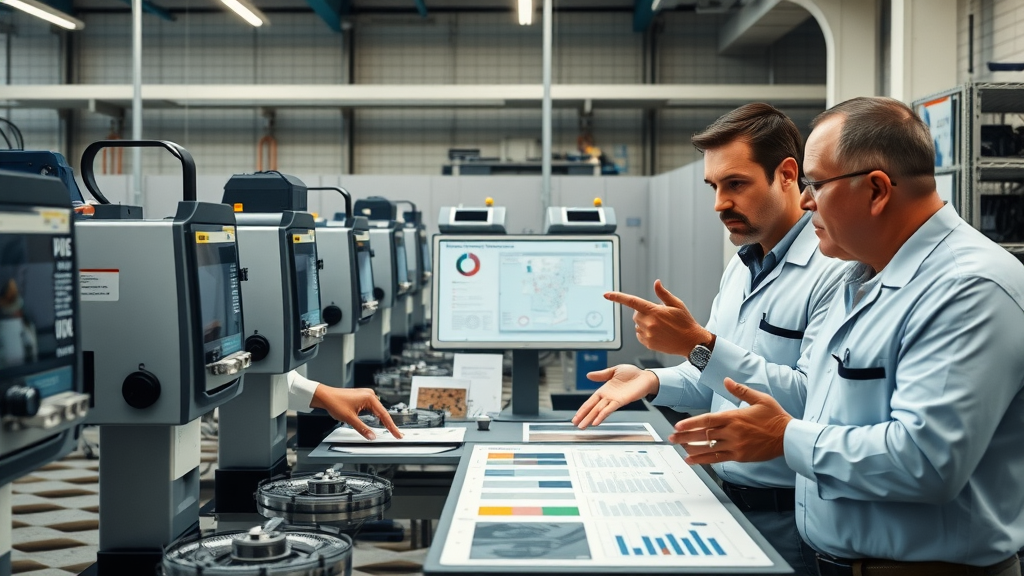 Various laser welding machines with material samples, engineers discussing, pointing at comparison table, laser welding materials being reviewed, modern industrial laboratory environment